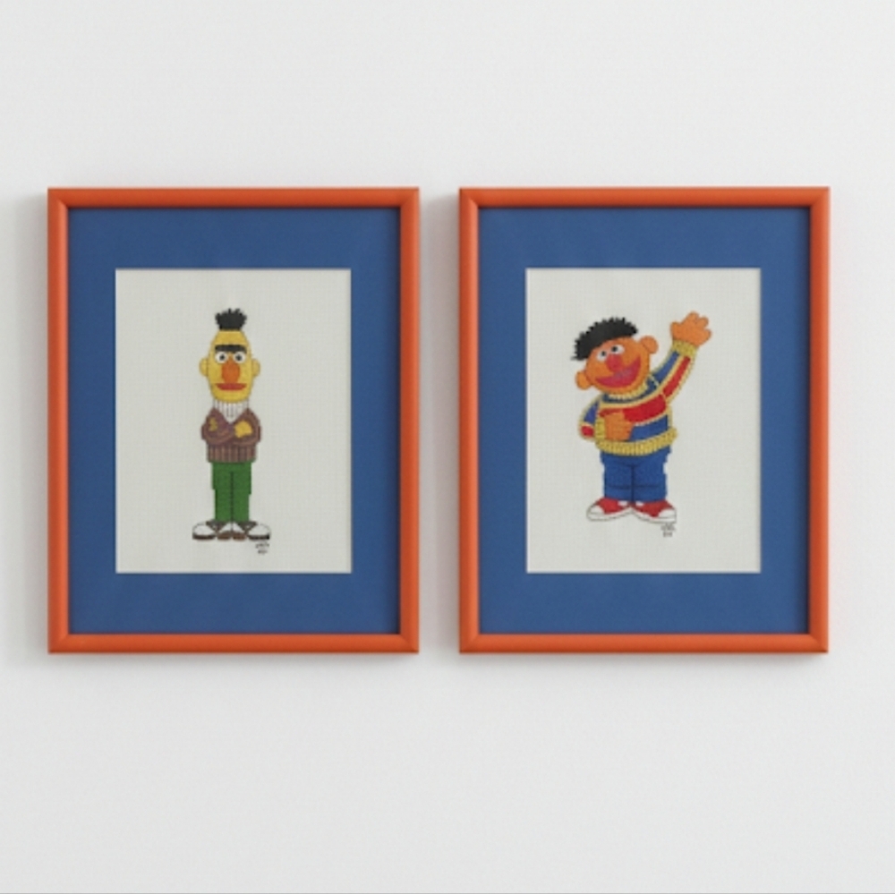 Vintage Bert And Earnie Cross Stitched Colorful Framed Character Art Set